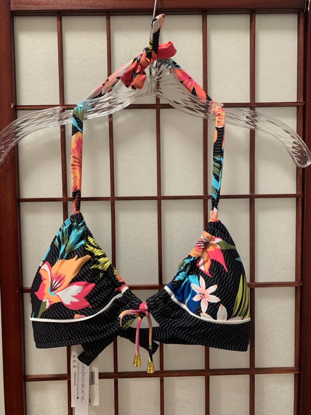 NWT Bleu Rod Beattie Black Multicolor Triangle Bikini Top with Halter Ties SZ 6 - Picture 3 of 11